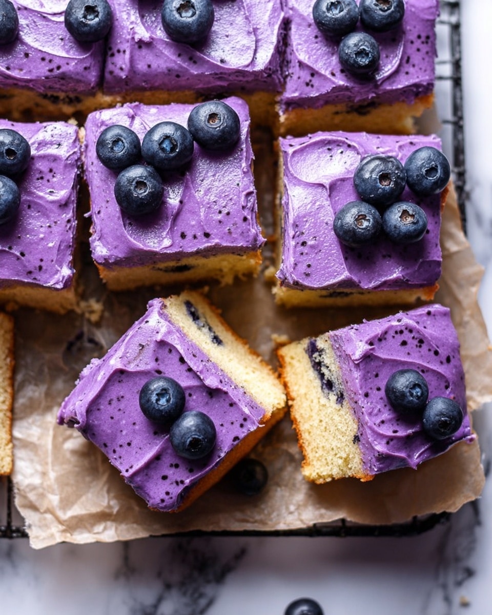 The image shows nine square pieces of cake arranged close together on a sheet of brown parchment paper over a black cooling rack, all placed on a white marbled surface. Each cake piece has one thick layer of yellowish cake with scattered blueberries inside, topped with a thick, creamy layer of smooth, vibrant purple frosting speckled with tiny dark dots. On top of each frosted piece, there are three or four fresh blueberries placed decoratively in no particular order. One cake piece is slightly pulled out, revealing the soft and moist interior with visible blueberries. The photo taken with an iphone --ar 4:5 --v 7