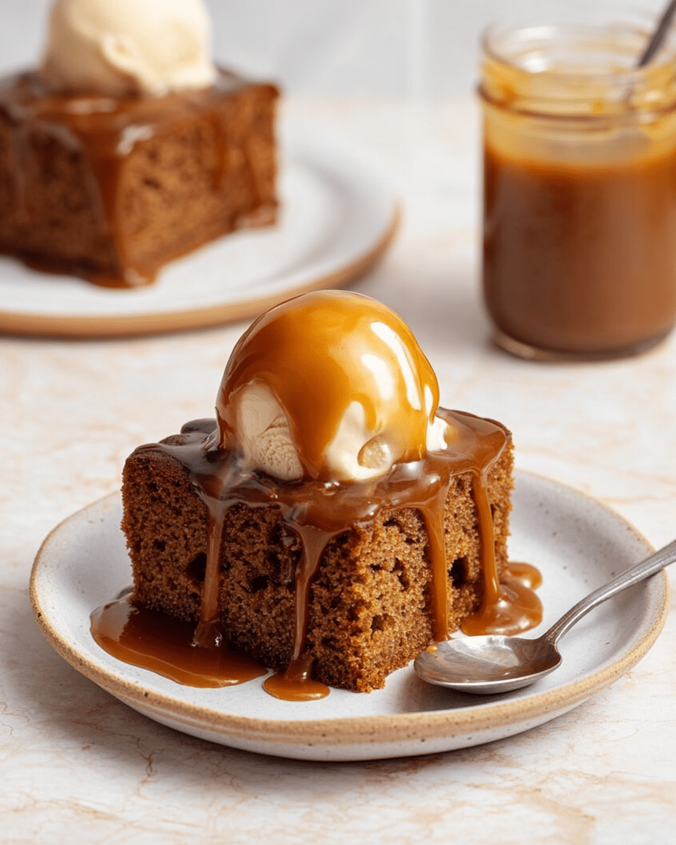 A square piece of moist brown cake sits on a white plate with a slightly rough texture. On top of the cake is a smooth scoop of light beige ice cream, covered partially by shiny, thick caramel sauce that drips down the sides of both the ice cream and the cake. The cake’s crumb looks soft and spongy with small holes visible. Next to the plate is a silver spoon resting on the edge. In the background, there is a second plate holding another similarly styled cake with caramel sauce, and a glass jar with more caramel sauce visible inside. The whole scene is placed on a white marbled surface. Photo taken with an iphone --ar 4:5 --v 7