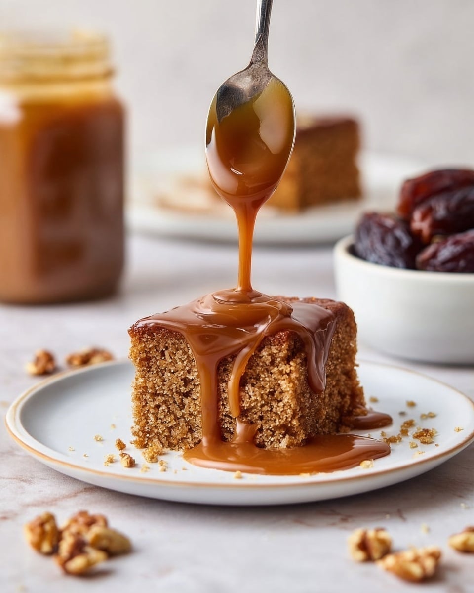 A single square piece of brown cake with a soft and moist crumb texture sits in the center of a white plate, with shiny caramel sauce being slowly poured from a spoon above, dripping down the front and pooling on the plate below. The cake has one visible layer with a few crumbs scattered on its surface, showing a slightly coarse texture. In the blurred background, there is a jar filled with more caramel sauce to the left, another piece of cake on a white plate directly behind, and a white bowl filled with dark brown dates to the right. Crushed walnuts are scattered around the plate on a white marbled surface. Photo taken with an iphone --ar 4:5 --v 7