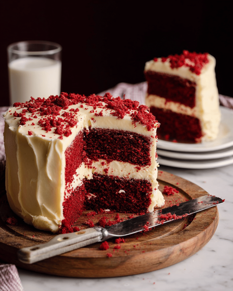 A two-layer red velvet cake sits on a round wooden board with a knife resting in front. Each layer of the cake is a deep red color, separated by a thick, creamy white frosting layer in the middle. The top layer is covered with the same smooth white frosting and sprinkled with small red cake crumbs. There is a slice cut out from the cake, and in the background, the same slice is shown on a white plate. A glass of milk is placed behind the cake against a dark background, all set on a white marbled surface. photo taken with an iphone --ar 4:5 --v 7