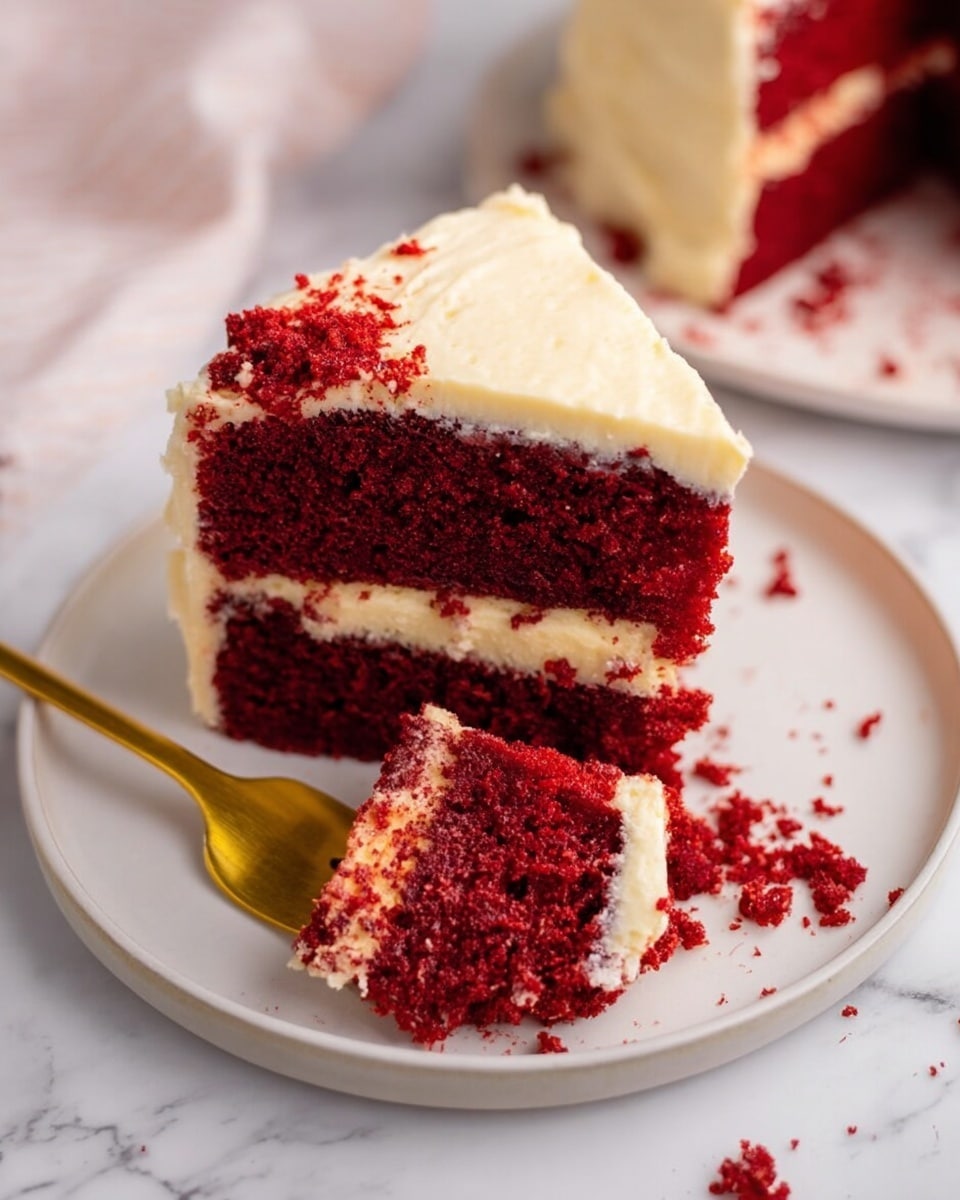 A slice of rich red velvet cake with two thick dark red layers, separated by a smooth, creamy, off-white frosting layer. The top of the cake is covered with a thick layer of the same frosting, slightly swirled and soft in texture. The slice sits on a simple white plate, with red cake crumbs scattered around. A gold fork holds a bite-sized piece of the red cake with frosting. The background shows a white marbled surface. photo taken with an iphone --ar 4:5 --v 7