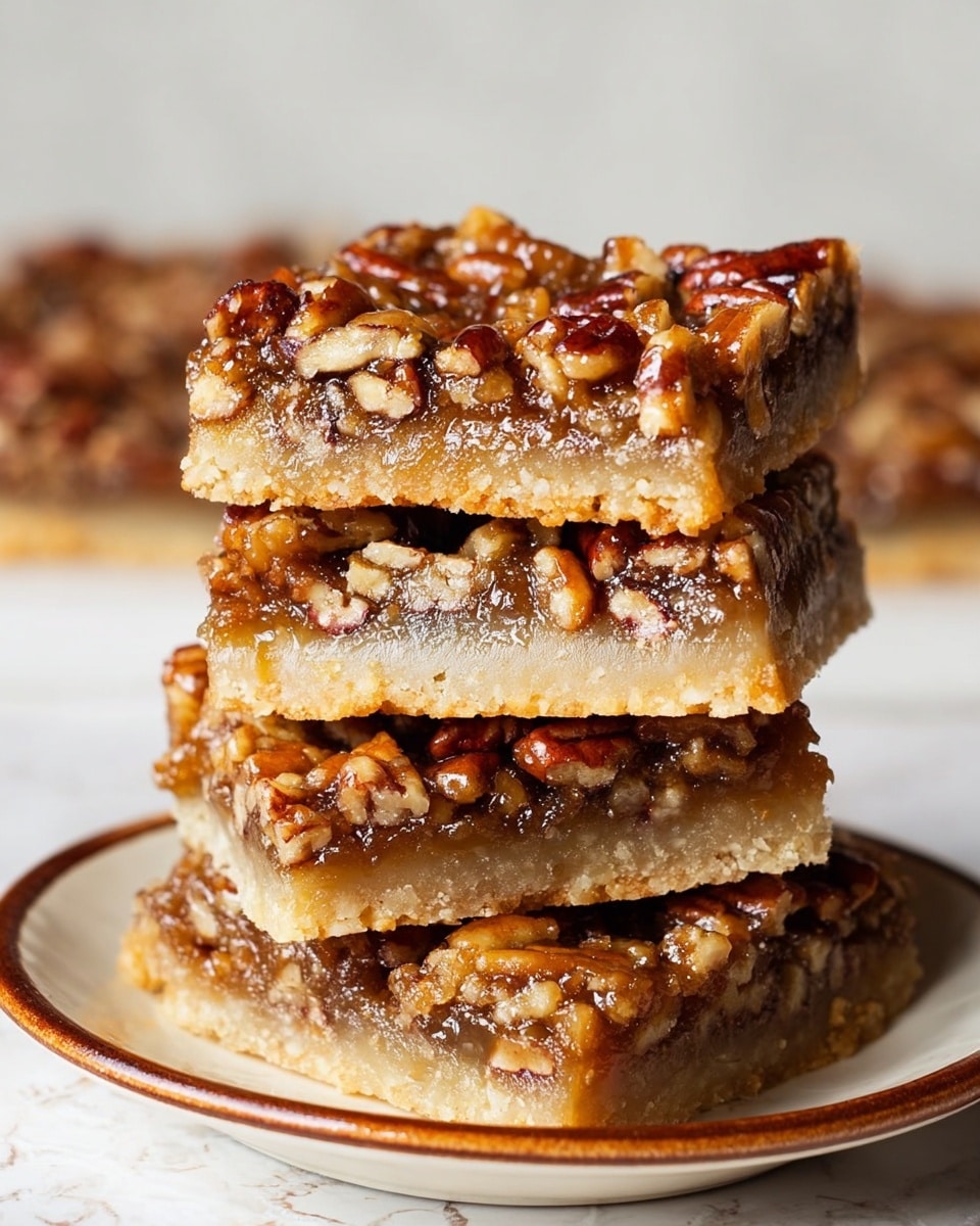 A stack of four pecan bars is shown on a white plate with a brown rim, sitting on a white marbled surface. Each bar has two layers: a thick, pale, crumbly base and a glossy, golden-brown top layer filled with crunchy pecan pieces that have a rich texture and slightly sticky look. The pecan topping glistens with caramel-like syrup and some rough chunks of nuts are visible throughout. The bars are stacked unevenly, showing the different thickness and texture of each layer. Photo taken with an iphone --ar 4:5 --v 7