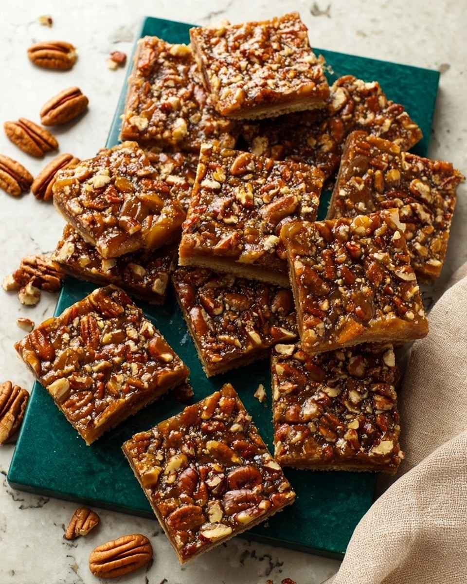 The image shows many square pecan bars piled on a dark green cutting board placed on a white marbled surface. Each bar is thick with a dense layer of glossy caramel-like filling covered with lots of whole and chopped pecans, giving a crunchy, textured top in brown and golden shades. The bars are rich and shiny, some slightly overlapping, surrounded by scattered whole pecans, adding visual interest. A beige cloth is casually placed near the bottom right corner. The overall look is warm and inviting, focused closely on the pecan bars and their glossy nutty topping. photo taken with an iphone --ar 4:5 --v 7