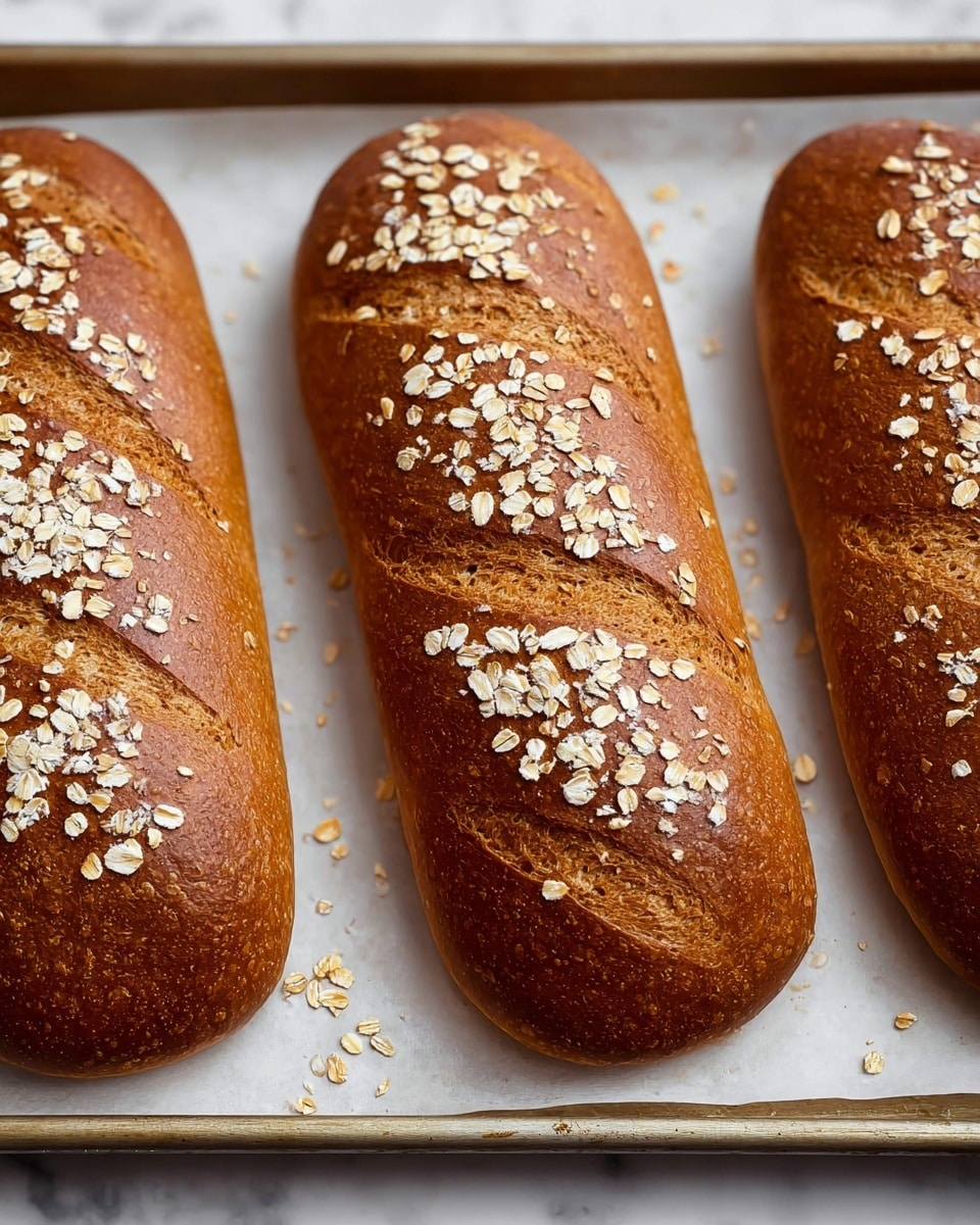 Three long, golden brown oat-topped loaves of bread rest side by side on a rectangular baking tray lined with white parchment paper. Each loaf has a smooth, slightly shiny crust with diagonal slashes that reveal a deeper brown color beneath. Light-colored oat flakes are scattered on top, concentrating mostly on the middle parts of the loaves, with some flakes spilled around on the parchment paper. The tray sits on a white marbled surface. photo taken with an iphone --ar 4:5 --v 7