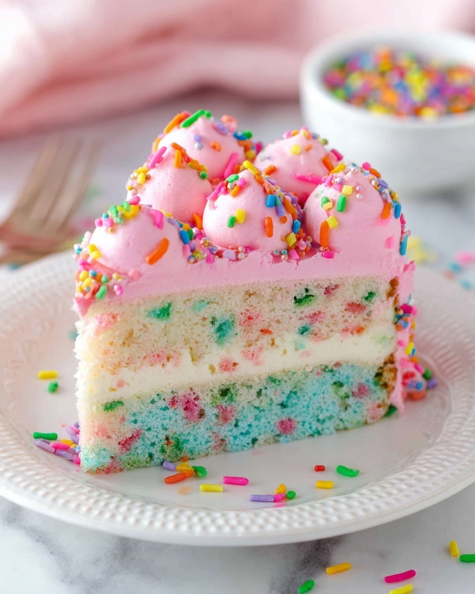 A slice of colorful funfetti cake sits on a white plate with a delicate embossed edge. The cake has three distinct layers: the bottom layer is a light blue-green cake base embedded with tiny, vibrant candy sprinkles; above that is a thick, creamy white layer also speckled with colorful sprinkles; and the top layer is a fluffy pink frosting piped in large dollops, generously covered with more multicolored sprinkles. The plate rests on a natural woven mat over a white marbled surface, and there are scattered rainbow sprinkles around the slice. In the background, a blurry bowl filled with bright rainbow sprinkles is visible. photo taken with an iphone --ar 4:5 --v 7