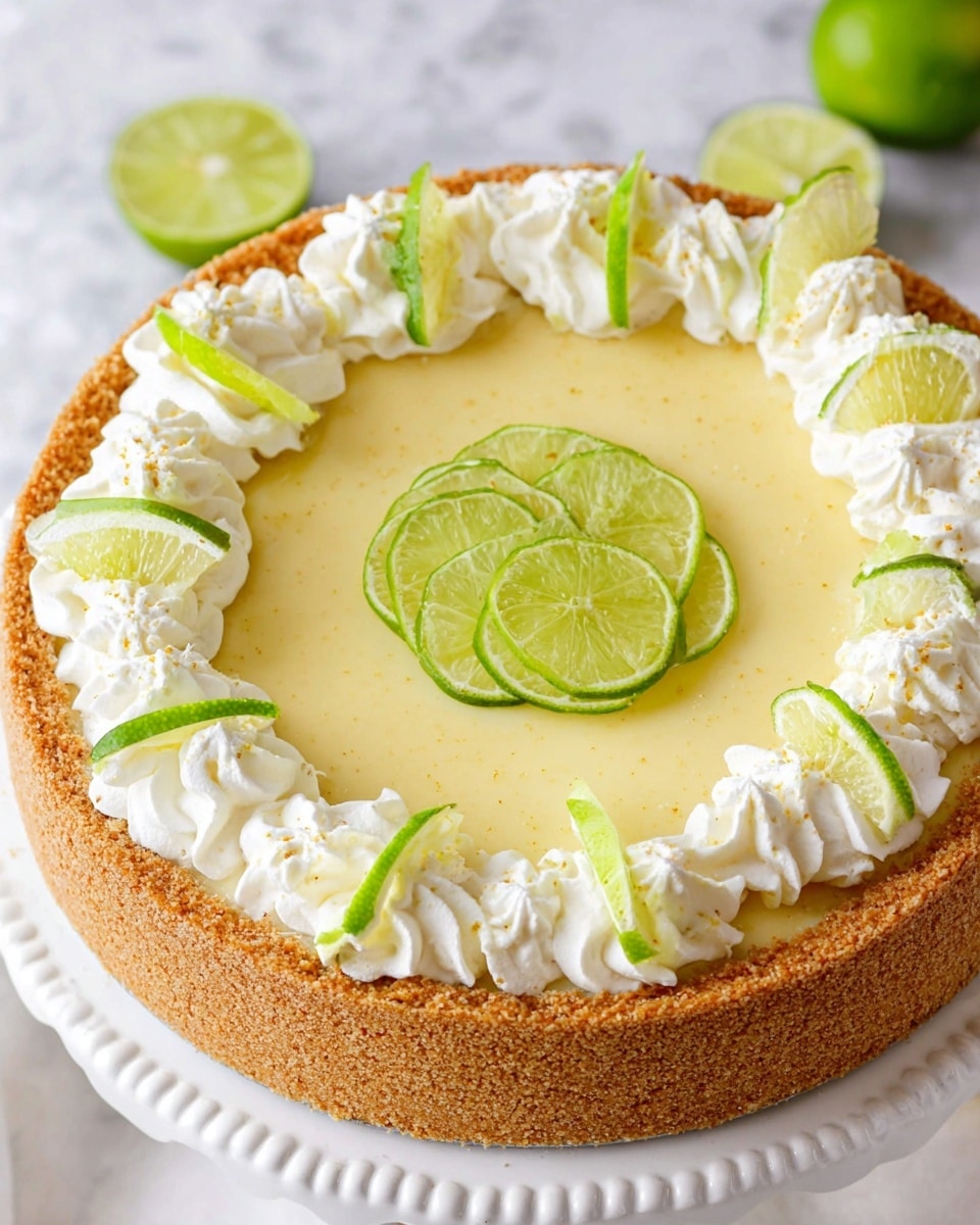 The image shows a round pie with a thick light brown crumb crust covering the sides. The pie filling inside is pale yellow and smooth. On top of the filling, there are two layers: the first layer is a neat arrangement of green lime slices covering the center, and the second layer is a ring of white swirls of cream piped along the edge. Each swirl has a small green lime wedge placed at an angle on top. The pie sits on a white plate with a beaded edge, placed on a white marbled surface. Photo taken with an iphone --ar 4:5 --v 7