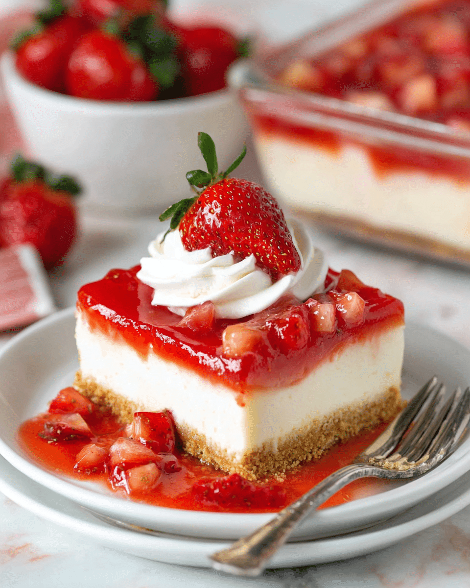 A square slice of strawberry cheesecake sits on a white plate with a silver fork beside it. The dessert has three clear layers: a golden-brown crumbly crust at the bottom, a thick creamy white cheesecake layer in the middle, and a shiny red strawberry glaze with small strawberry pieces on top. A swirl of white whipped cream sits in the center of the slice, topped with a half strawberry with a green leaf. Strawberry sauce pools around the base, blending with the diced strawberries. In the background, there is a glass dish filled with the same dessert and a white bowl with fresh strawberries, all set on a white marbled surface. Photo taken with an iphone --ar 4:5 --v 7