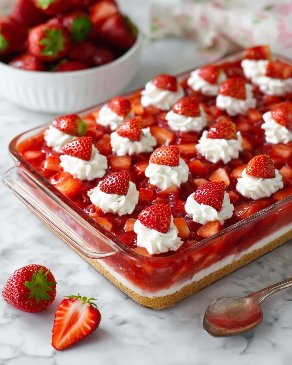 A clear glass rectangular dish filled with a layered strawberry dessert resting on a white marbled surface; the bottom layer looks crusty and tan, the middle layer is red and chunky with diced strawberries in syrup, topped with small white dollops of whipped cream each crowned with a halved fresh strawberry with green leaves still attached, arranged in neat rows. Nearby, there is a white bowl full of whole strawberries and a couple of halved strawberries placed casually on the surface. Photo taken with an iphone --ar 4:5 --v 7