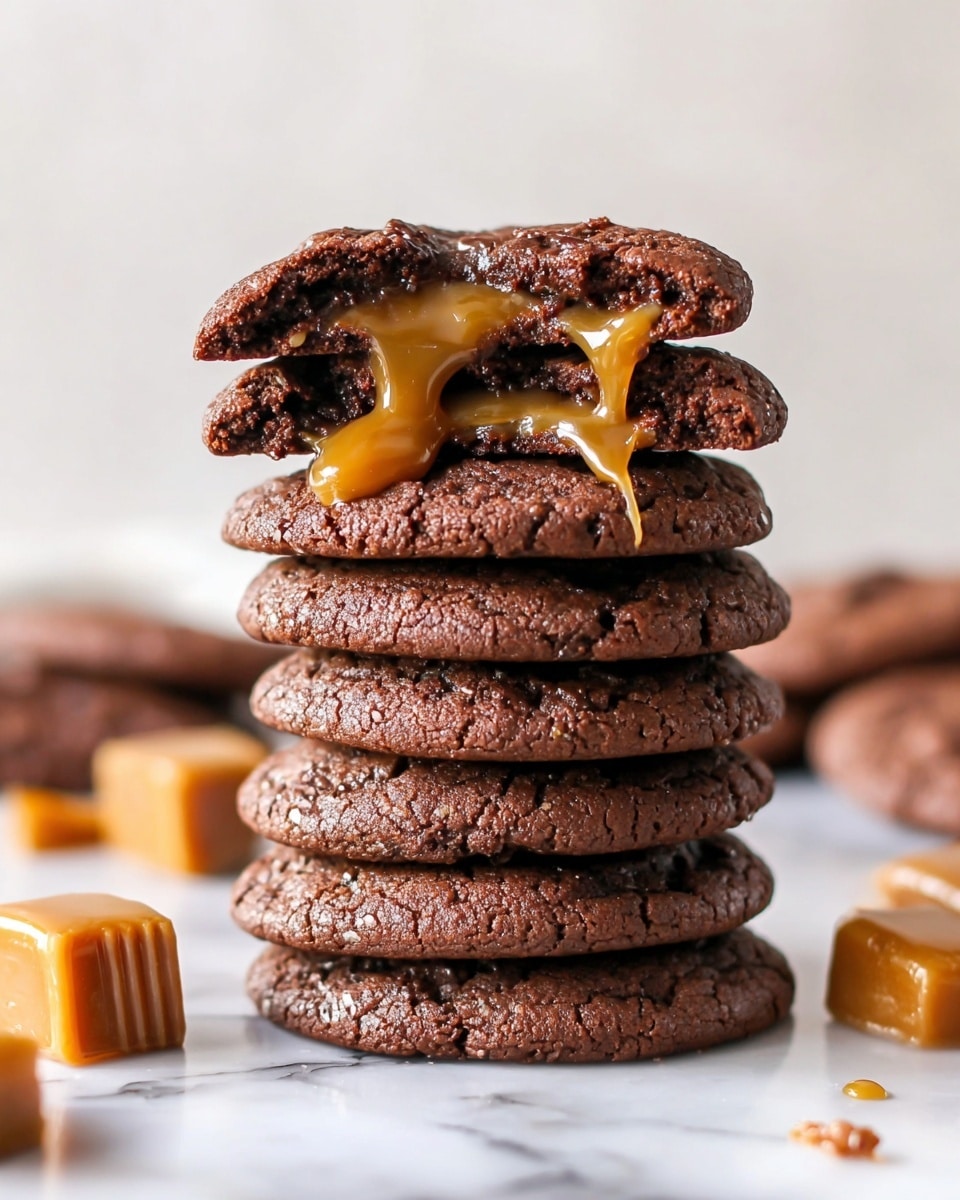 A tall stack of seven soft, dark brown chocolate cookies sits on a white marbled surface, with the top cookie broken in half to reveal gooey caramel inside that is slowly dripping down the sides. The cookies have a slightly cracked, textured surface that looks tender and rich. In the background, some caramel pieces and more cookies are softly blurred, adding to the scene. Photo taken with an iphone --ar 4:5 --v 7