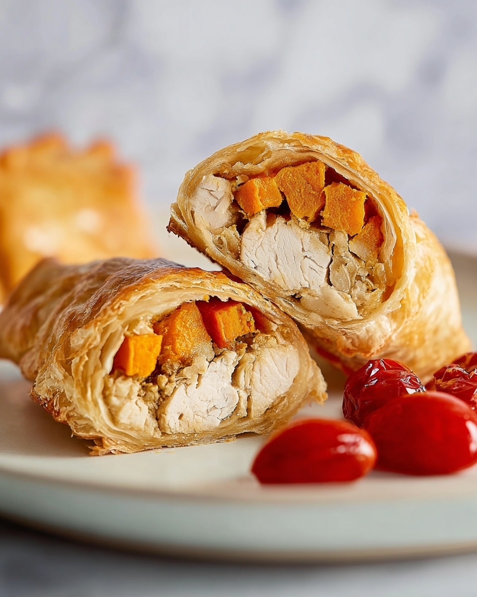 The image shows two halves of a golden flaky pastry cut open to reveal the filling inside, placed on a white plate. The filling has three clear layers: the bottom and middle layers contain chunky, light beige pieces of cooked chicken with a tender texture, and the top layer has bright orange sweet potato cubes. Near the cut-open pastry, there is a small pile of shiny, red cooked tomatoes adding color contrast. The background is a soft white marbled texture. Photo taken with an iphone --ar 4:5 --v 7