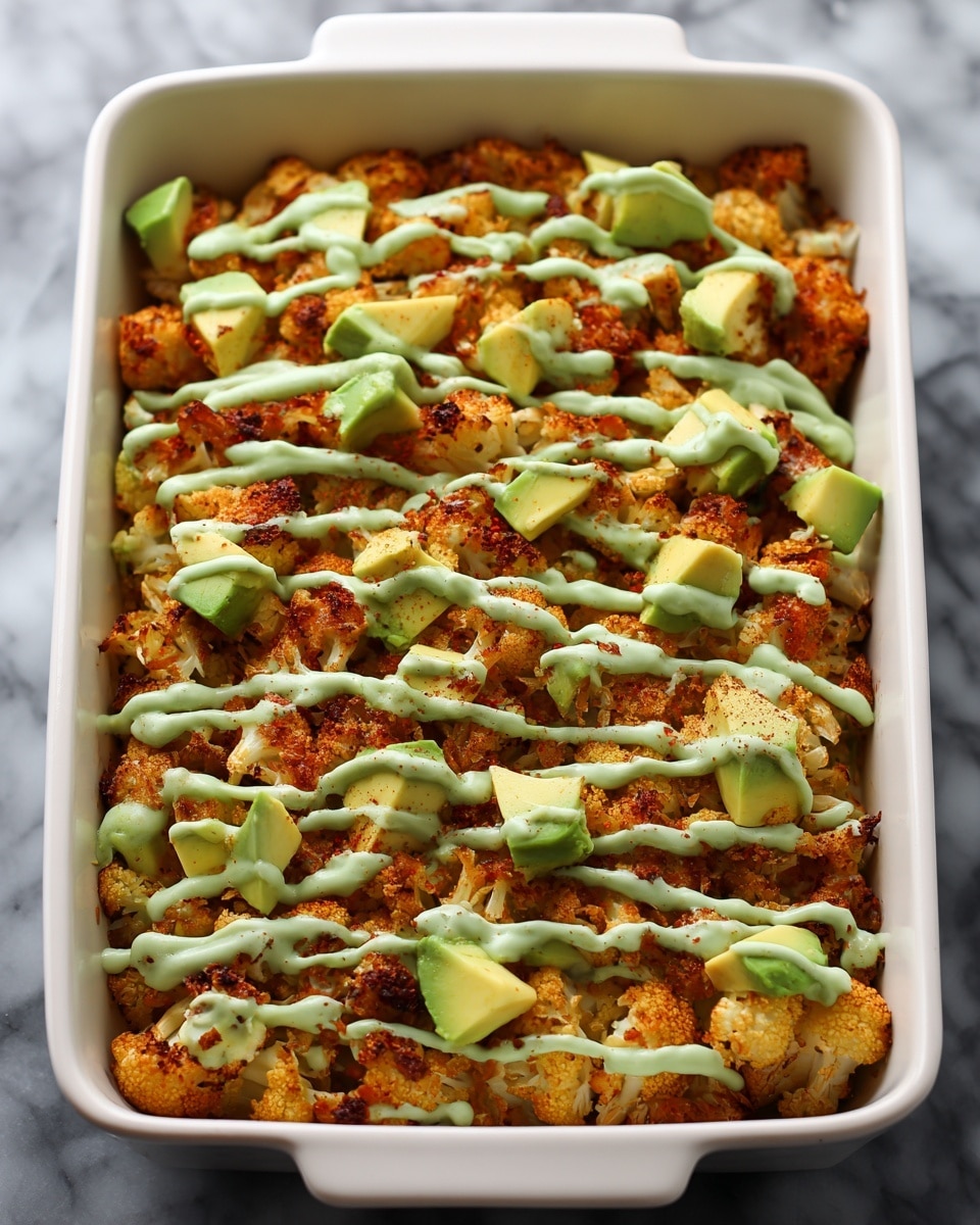 A white baking dish filled with a layered baked dish starting with a base of golden-brown crispy breadcrumbs mixed with chunks of browned cauliflower. Over this base, there are small pieces of green avocado evenly scattered on top. The whole dish is finished with a drizzle of light green creamy sauce applied in thin, wavy lines across the surface. The dish sits on a white marbled textured surface. photo taken with an iphone --ar 4:5 --v 7