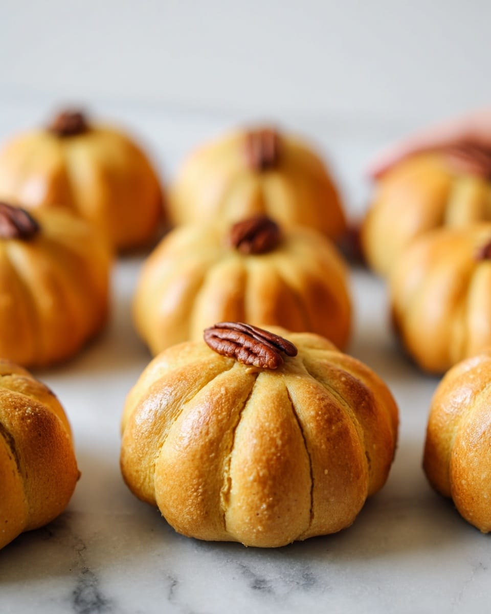 The image shows a group of small pumpkin-shaped bread rolls, arranged on a white marbled surface. Each roll has a distinct golden-brown color with deep vertical grooves that give them a pumpkin look. On top of each bread roll, there is a small pecan piece placed like a pumpkin stem, adding a dark brown contrast to the light golden crust. The bread rolls are slightly shiny and smooth, indicating a soft texture. The focus is mainly on the rolls in the middle with some rolls blurred in the background, creating depth in the image. photo taken with an iphone --ar 4:5 --v 7