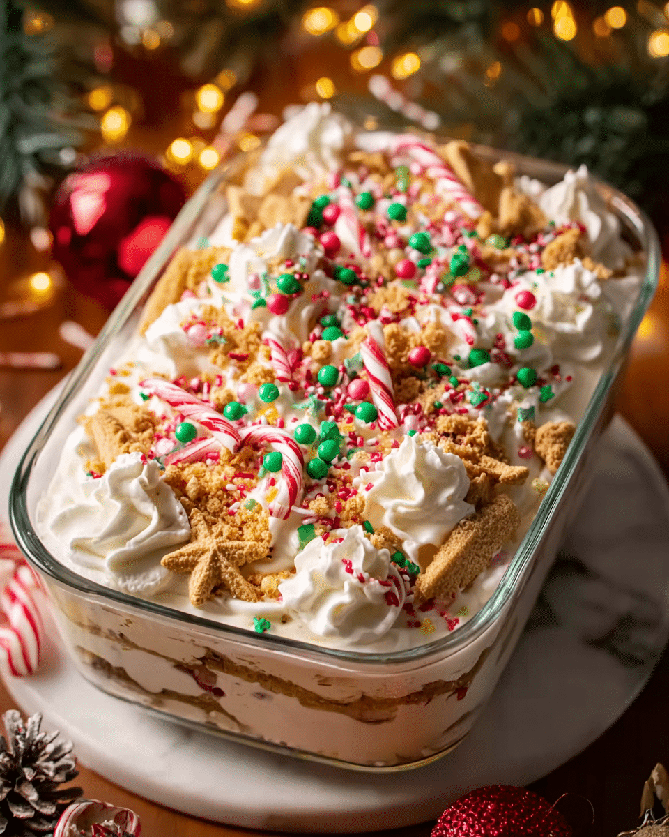 The image shows a rectangular glass dish filled with a festive layered dessert. The top layer is white whipped cream piped in small swirls, covered with crumbled golden cookie pieces, broken candy cane pieces with red and white stripes, and colorful round green and pink candy pieces. Sprinkles in red, green, pink, and white are scattered across the surface, with some small brown bits adding texture. The dessert is placed on a wooden board, set against a white marbled surface with Christmas decorations softly lit in the background, creating a warm, holiday feeling. Photo taken with an iphone --ar 4:5 --v 7