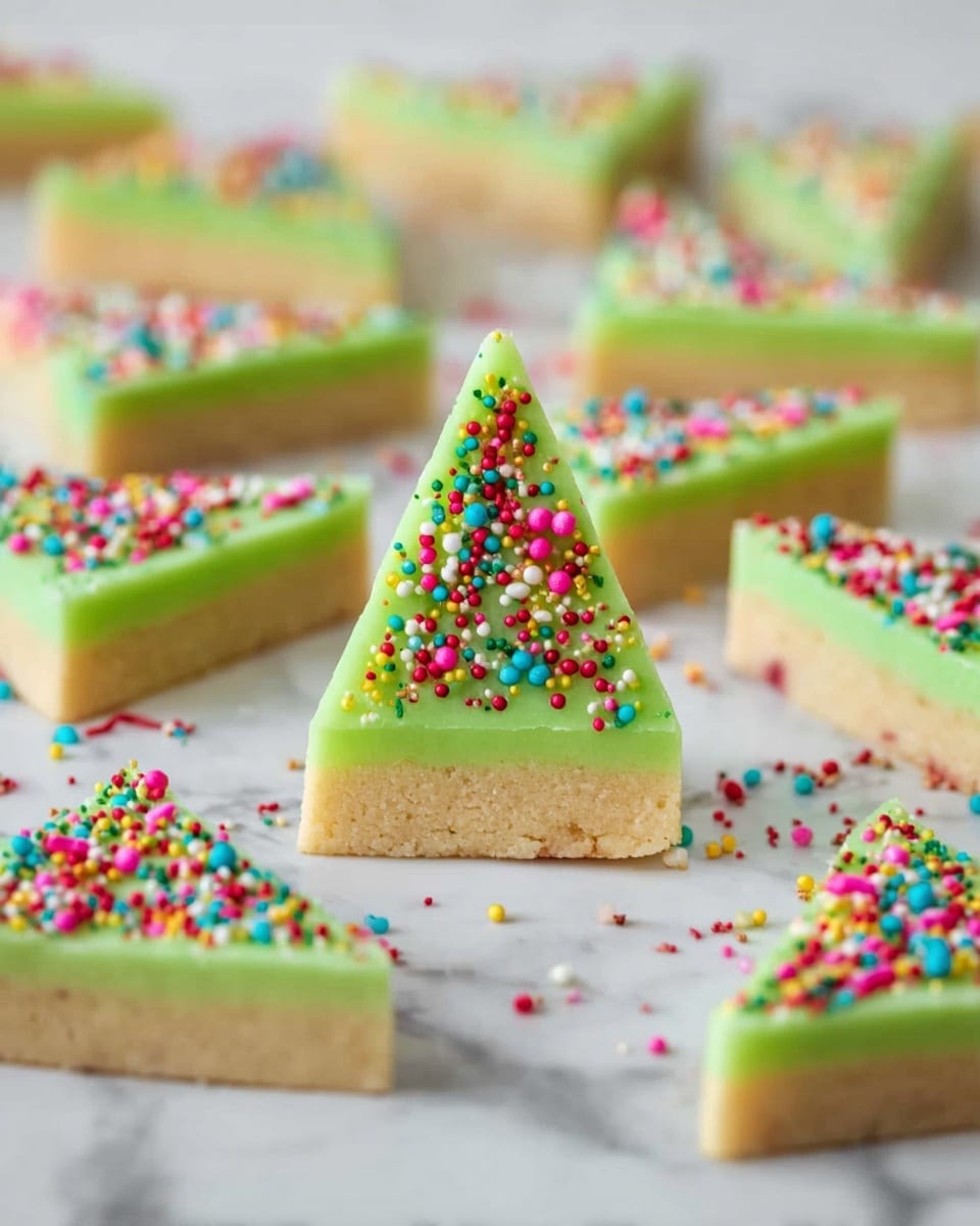 The image shows triangle-shaped treats with two layers: a thick, light beige base and a thinner, bright green top layer covered with small, colorful round sprinkles. One treat stands upright in the center, clearly showing the two layers and sprinkled top, while many similar flat treats are scattered around on a white marbled texture. The sprinkles are red, yellow, blue, pink, and white, creating a playful look against the smooth green topping. Photo taken with an iphone --ar 4:5 --v 7