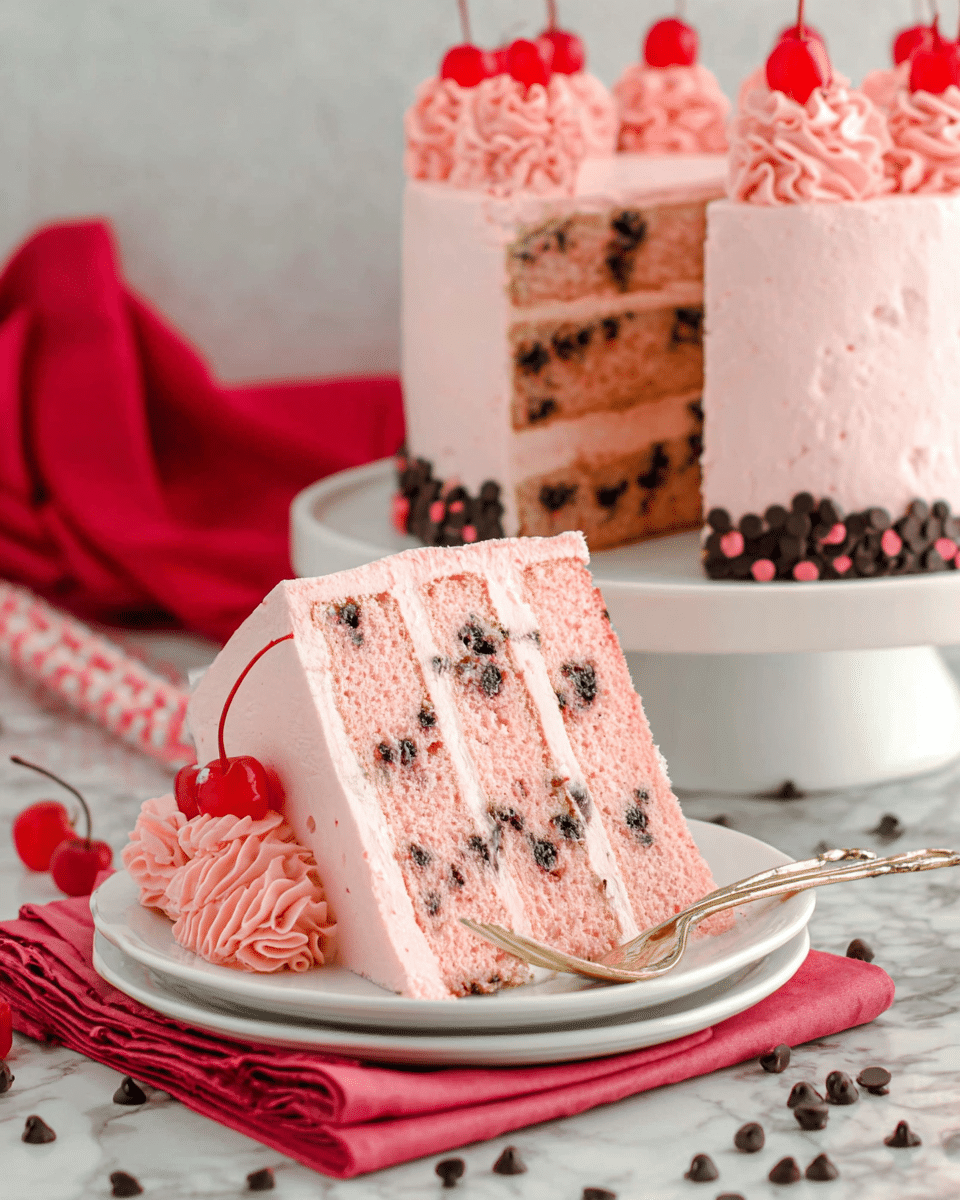 A close-up of a three-layer pink cake slice with small chocolate chips inside each layer. Between each pink cake layer is a smooth light pink frosting layer. The outside of the cake is covered with the same light pink frosting, and the top edge of the slice is decorated with small dark chocolate chips. There is a bright red cherry placed at the base of the cake on the right side. The cake sits on a white plate with a detailed lace-like edge, placed on a light pink napkin on a white marbled surface. Scattered small dark chocolate chips are visible around the plate. photo taken with an iphone --ar 4:5 --v 7