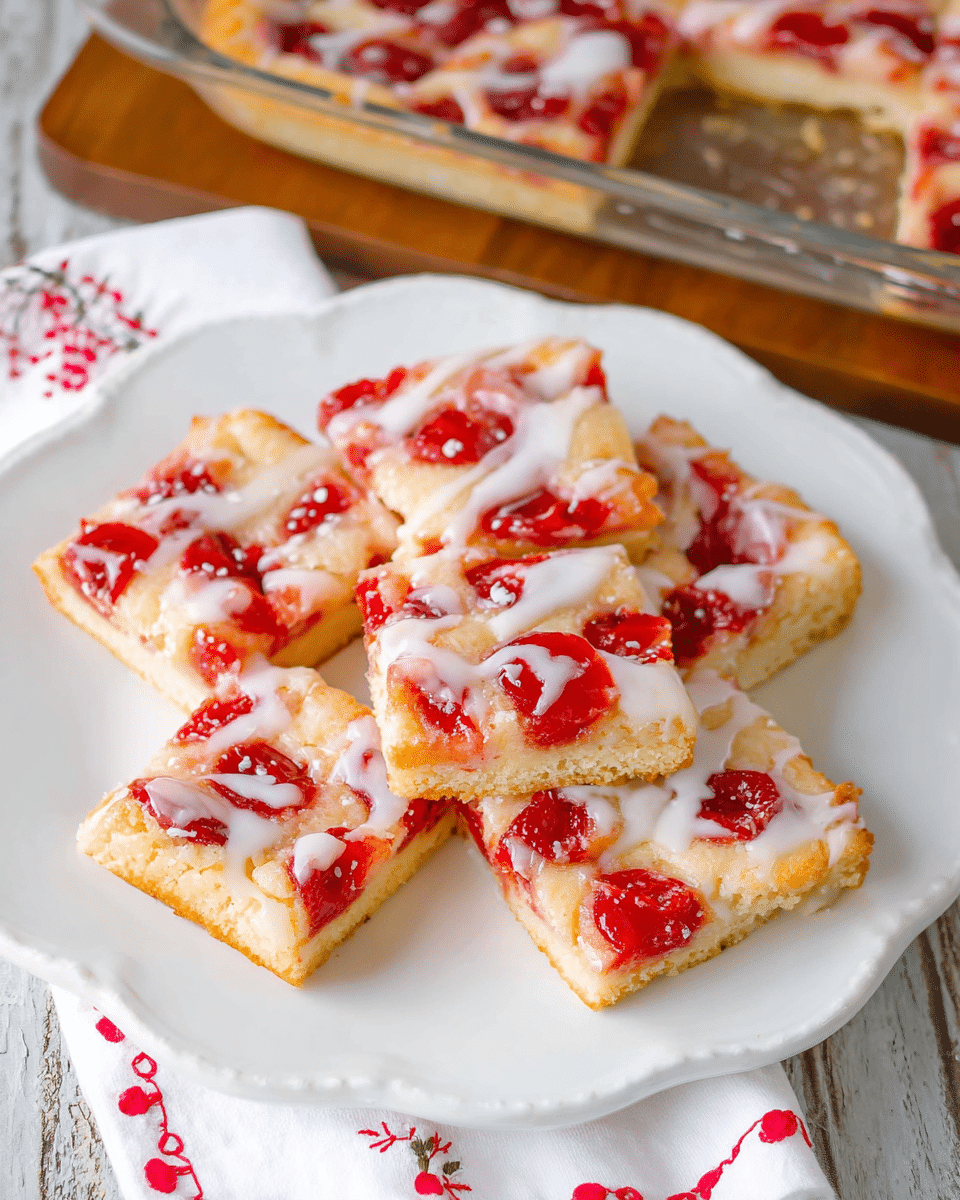 There are seven square slices of a dessert on a white plate with a scalloped edge. Each slice has a light golden base layer, topped with a bright red layer that looks like cherry pieces, and a white glaze lightly drizzled on top. The dessert appears soft and moist, with the red pieces spread unevenly on each piece. In the background, part of a glass baking dish containing the rest of the dessert sits on a wooden surface, and a white cloth with red embroidery is partially visible next to the plate on a white marbled texture. photo taken with an iphone --ar 4:5 --v 7