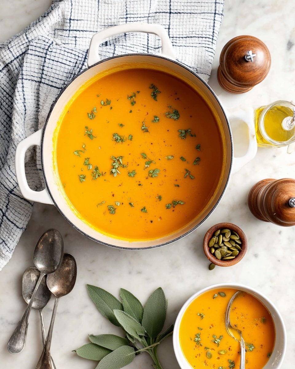 A round white pot filled with smooth bright orange soup topped with small sprinkles of green herbs sits on a white marbled surface. A white and blue checkered cloth is draped to the left side under the pot handle. To the right, there is a white bowl also filled with the same orange soup and garnished with green herbs, with a silver spoon resting inside. Around these are various small items: a small wooden pepper grinder, a tiny glass bottle with yellow oil, a wooden bowl with green pumpkin seeds, and fresh large green sage leaves placed directly on the surface. Two vintage silver spoons lie near the bottom left corner by the bowl of soup. photo taken with an iphone --ar 4:5 --v 7