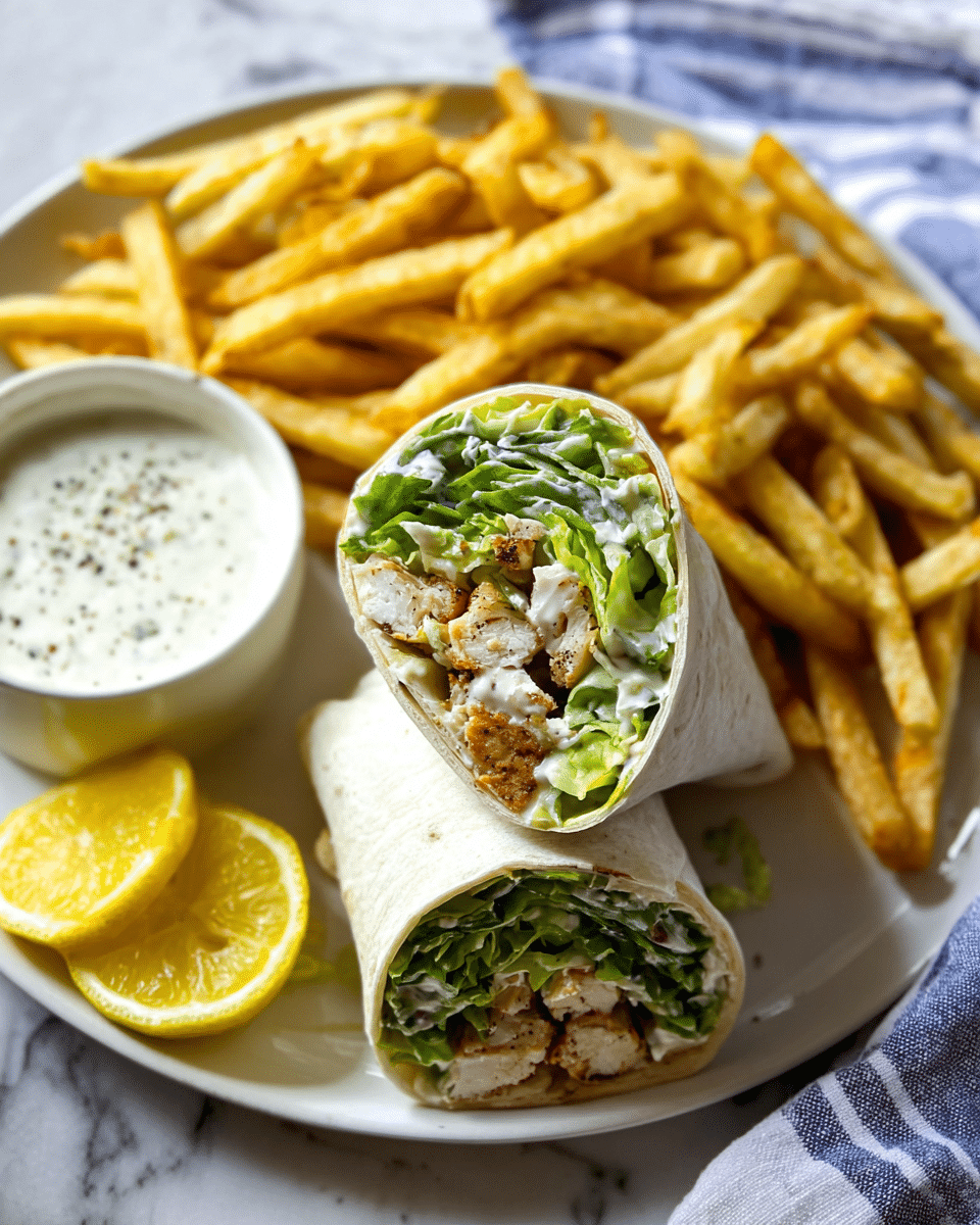 The image shows a white plate with two halves of a wrap placed vertically side by side in the center, each half filled with layers of bright green lettuce, pieces of crispy brown chicken, and creamy white sauce with bits of black pepper, all wrapped in a soft pale tortilla. Behind the wrap, there is a heap of golden yellow fries sprinkled with a light seasoning. To the left side of the plate, there is a small white bowl filled with a creamy white dipping sauce with visible pepper specks. In front of the wrap, two lemon wedges with bright yellow skin and juicy interior rest on the plate. The scene is set on a white marbled surface, and a blue and white striped cloth is partially visible under the plate photo taken with an iphone --ar 4:5 --v 7