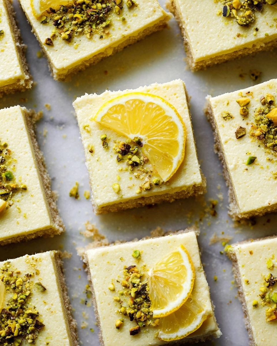 A close-up view of square lemon bars arranged in a grid on a white marbled surface. Each lemon bar has two visible layers: a smooth, creamy pale yellow top layer with a slightly textured surface, and a light crumbly crust layer at the bottom with a pale beige color. On top of each bar, there is a small thin slice of lemon placed near one corner, partly embedded in the cream layer, and a sprinkle of crushed pistachios scattered around the lemon slice adding small green and brown flecks. Photo taken with an iphone --ar 4:5 --v 7