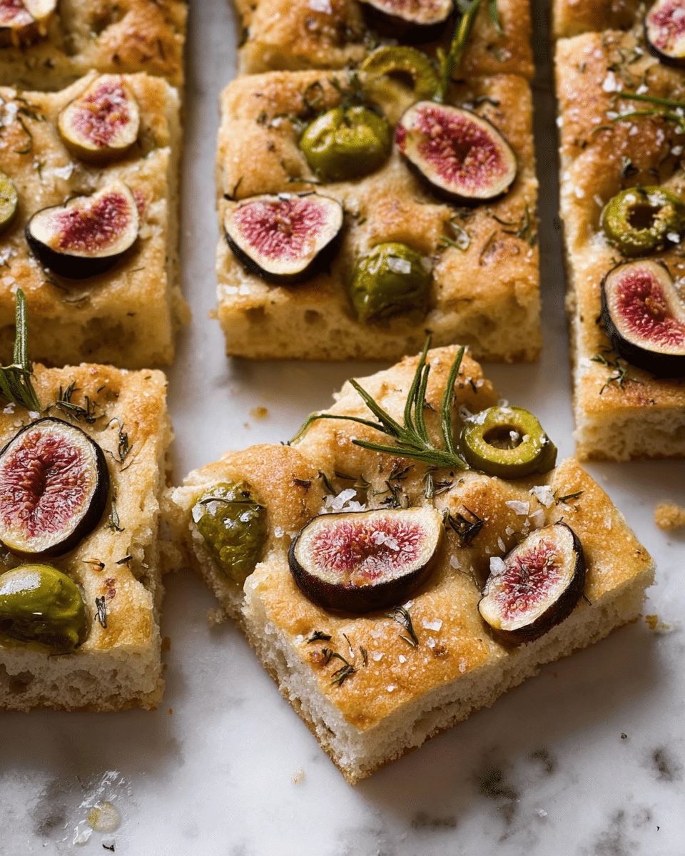 The image shows several square pieces of golden-brown focaccia bread on a white marbled surface. Each piece has a rough, puffy texture with visible dimples and is topped with slices of purple figs and green olives scattered across the surface. Coarse sea salt crystals and dried herbs are sprinkled evenly over the top, adding contrast and texture. The bread looks soft inside but has a slightly crispy outer crust, and the fig slices display a delicate inner pinkish-red pattern, while the olives have a smooth, slightly wrinkled green appearance. Photo taken with an iphone --ar 4:5 --v 7