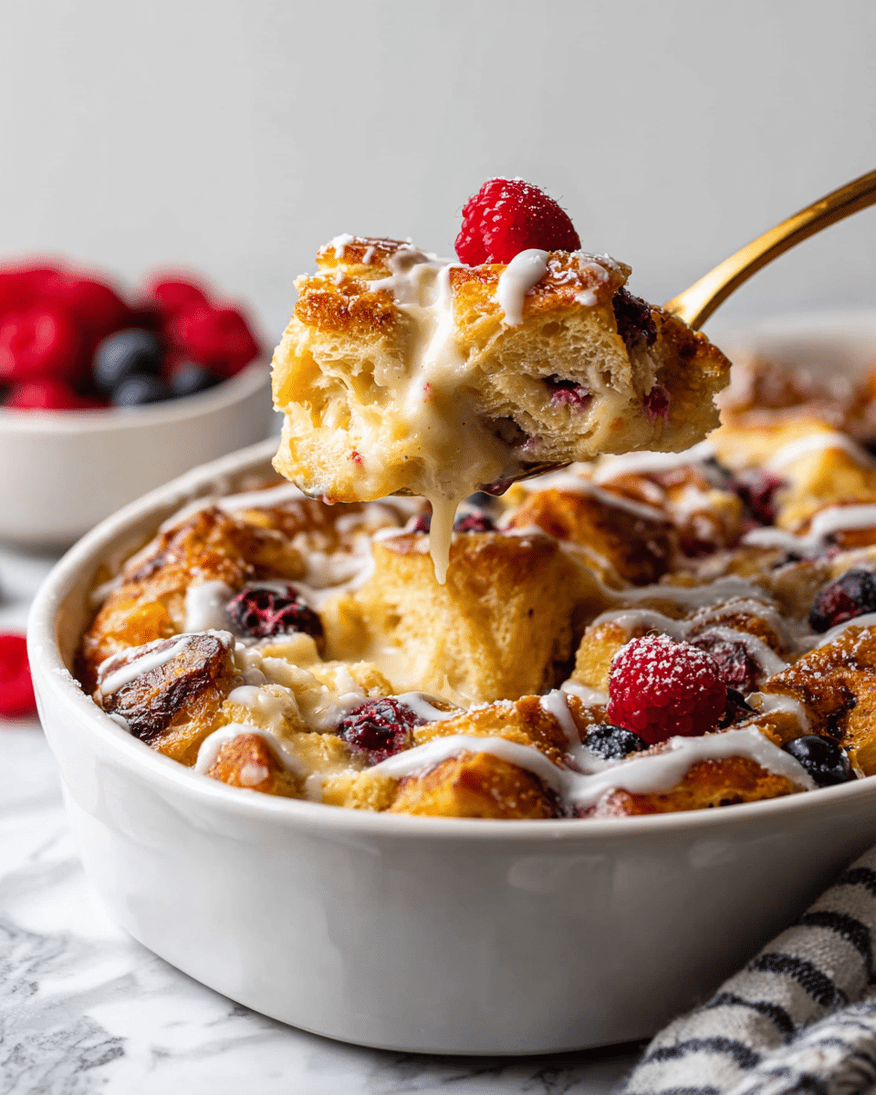 A close-up of a white dish filled with a creamy bread pudding layered with golden brown baked bread, dotted with fresh raspberries and blueberries throughout. The top layer is sprinkled with powdered sugar and thin white icing drizzles. A golden spoon is lifting a portion, revealing a soft, creamy inside with a raspberry on top. A striped cloth is beside the dish on a white marbled surface, and a white bowl with more red berries is blurred in the background. Photo taken with an iphone --ar 4:5 --v 7