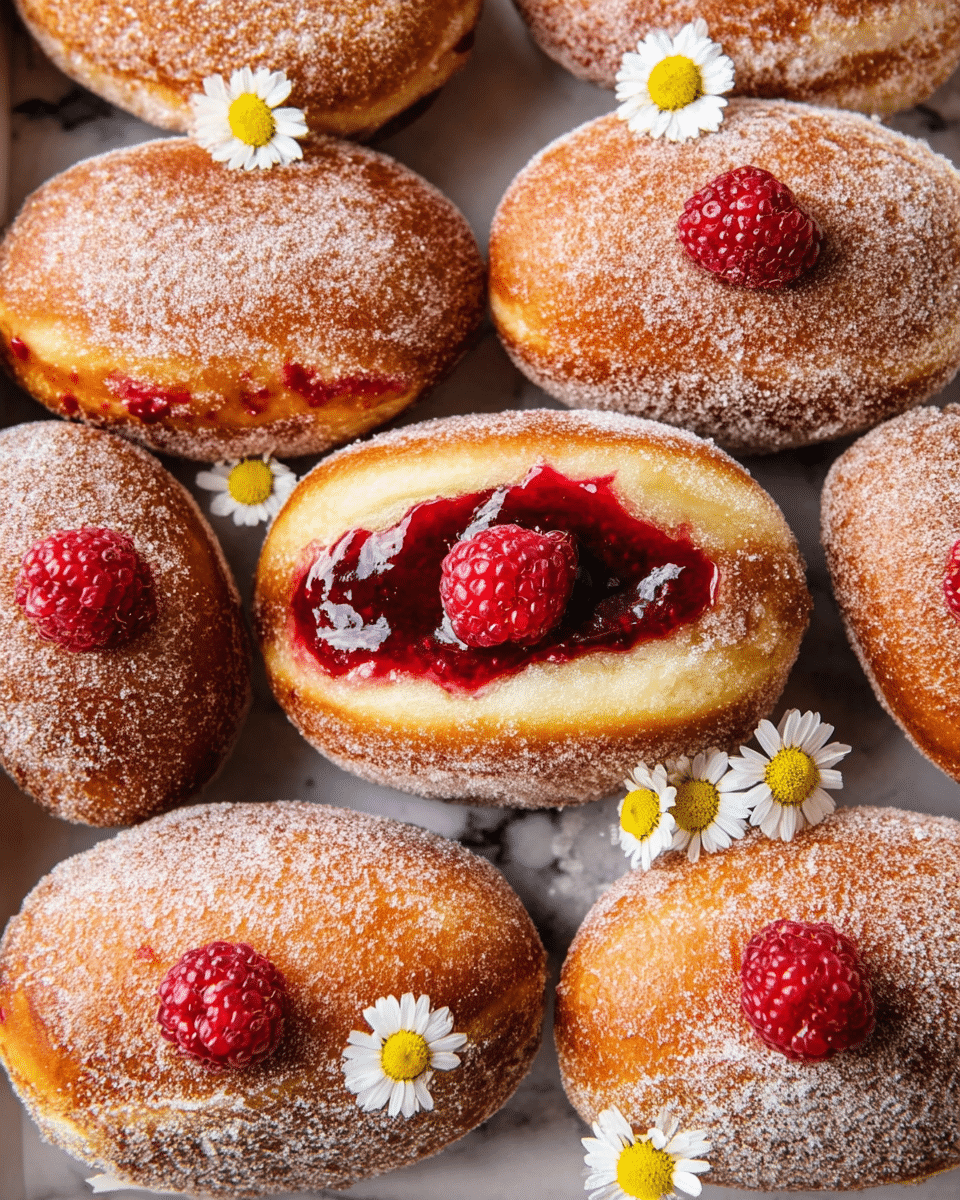 A close-up view of a group of soft, oval-shaped doughnuts coated with fine sugar, each with a split in the middle filled with shiny red raspberry jam; on top of the jam, a single fresh raspberry is placed, adding a pop of color. The doughnuts have a golden-brown crust and appear light and fluffy inside. Small white and yellow daisy flowers are scattered around the doughnuts, creating a fresh and inviting look. The background is a white marbled texture. photo taken with an iphone --ar 4:5 --v 7