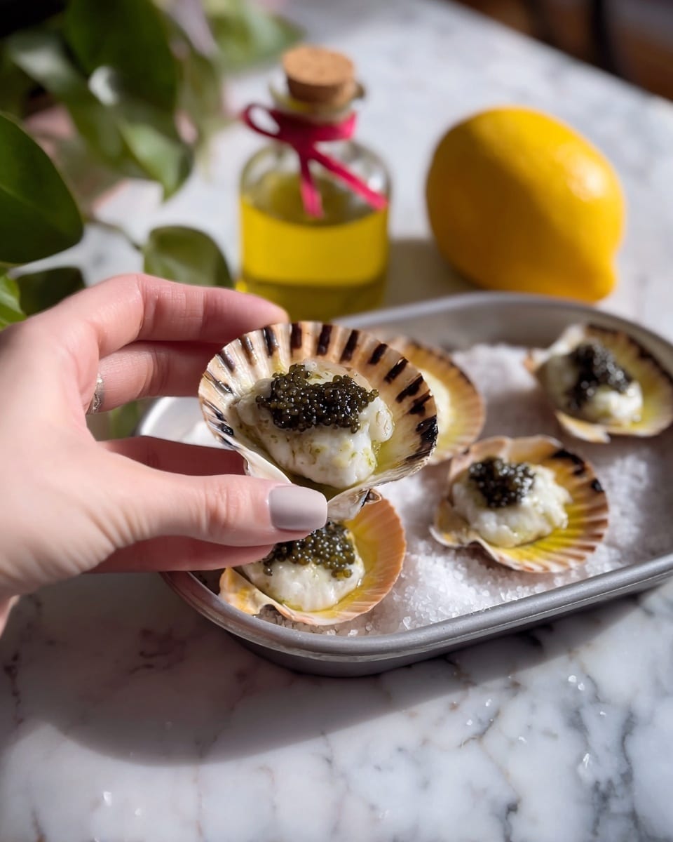 A close-up shows a woman's hand holding a seashell filled with a creamy white seafood mixture, topped with small dark greenish-black caviar. The shell has a rough, natural texture with brown and cream stripes around its edge. Multiple shells with the same seafood and caviar mixture sit on a bed of coarse white salt in a metal tray lined with the salt beneath. Behind the tray, there is a small clear bottle with a cork and a red ribbon, filled with golden oil, and a whole bright yellow lemon, all placed on a white marbled surface with soft green plant leaves blurred in the background. photo taken with an iphone --ar 4:5 --v 7