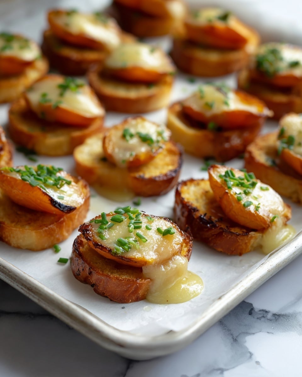 The image shows a tray of small appetizers on a baking sheet lined with white paper, placed on a white marbled surface. Each appetizer has two main layers: a base of a golden-brown toasted bread round with a slightly rough texture, topped with a shiny, deep orange roasted potato half with a slight crisp on the edges. Melted pale yellow cheese is oozing between the bread and the potato, some spilling over the edges, and fresh chopped green chives are sprinkled on top of the cheese. The appetizers are arranged in neat rows filling the tray. photo taken with an iphone --ar 4:5 --v 7