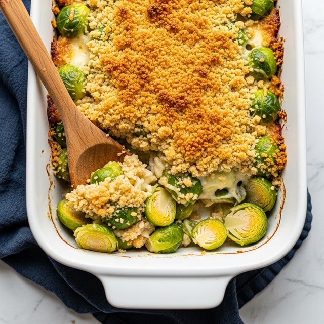 A white baking dish filled with a cooked Brussels sprouts casserole, showing a layer of whole and halved bright green Brussels sprouts mixed with melted cheese in the middle, topped with a thick golden brown breadcrumb crust that is crispy and crumbly. A wooden spoon is scooping some of the casserole from the side, revealing the soft texture underneath the topping. The dish sits on a dark blue cloth over a white marbled surface. photo taken with an iphone --ar 4:5 --v 7