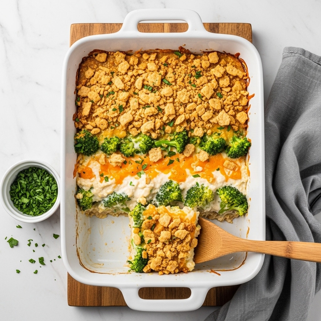 A white rectangular baking dish filled with a broccoli casserole, showing three main layers: the bottom layer is a creamy, cheesy sauce mixed with tender green broccoli florets, the middle layer has bits of cheese melted throughout, and the top layer is covered with crushed crackers or chips toasted to a golden brown with small sprinkled herbs. The casserole has a scoop taken out with a wooden spatula, revealing the soft and cheesy texture inside. The dish sits on a wooden table with a small white bowl of chopped green herbs beside it and a folded gray cloth nearby, all on a white marbled surface. Photo taken with an iphone --ar 4:5 --v 7
