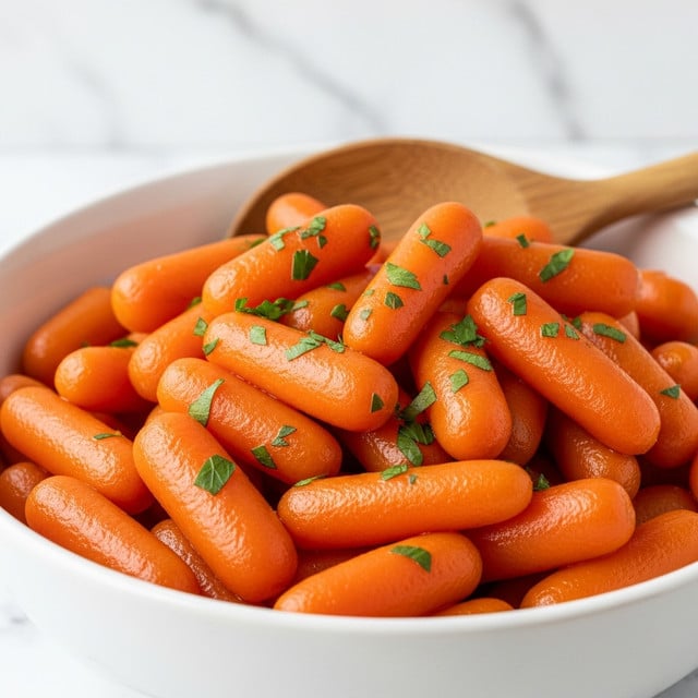 A close-up view of a white bowl full of shiny, cooked baby carrots that are bright orange and smooth, with small, fresh green parsley pieces sprinkled evenly on top. The carrots are piled high, showing their soft texture and slight gloss from cooking. Behind the carrots, a wooden spoon rests inside the bowl, adding a natural wood color contrast. The whole scene is set against a white marbled texture background. photo taken with an iphone --ar 4:5 --v 7
