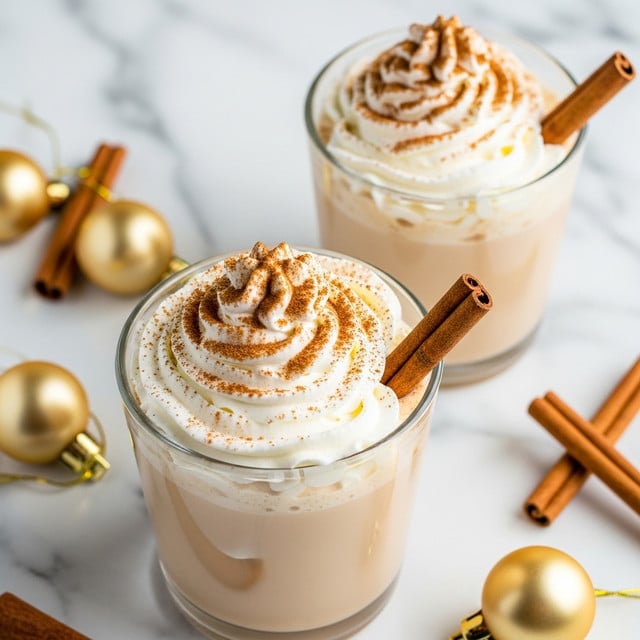 Two clear glasses each hold a creamy light brown drink topped with a large swirl of white whipped cream. The whipped cream is sprinkled with fine brown cinnamon powder. A single cinnamon stick is placed inside each glass, leaning out at an angle. The glasses sit on a white marbled surface with golden round ornaments and cinnamon sticks scattered around them. Photo taken with an iphone --ar 4:5 --v 7