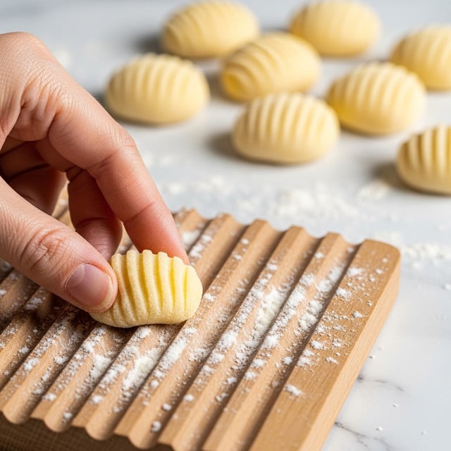 A woman's hand is shaping a small piece of pale yellow dough into gnocchi on a wooden ridged board dusted with flour. The dough piece has textured grooves across its surface, made by pressing and rolling it on the ridged board. In the background, several similar gnocchi pieces rest on a white marbled surface dusted with flour, all soft and rounded with visible ridges. Photo taken with an iphone --ar 4:5 --v 7