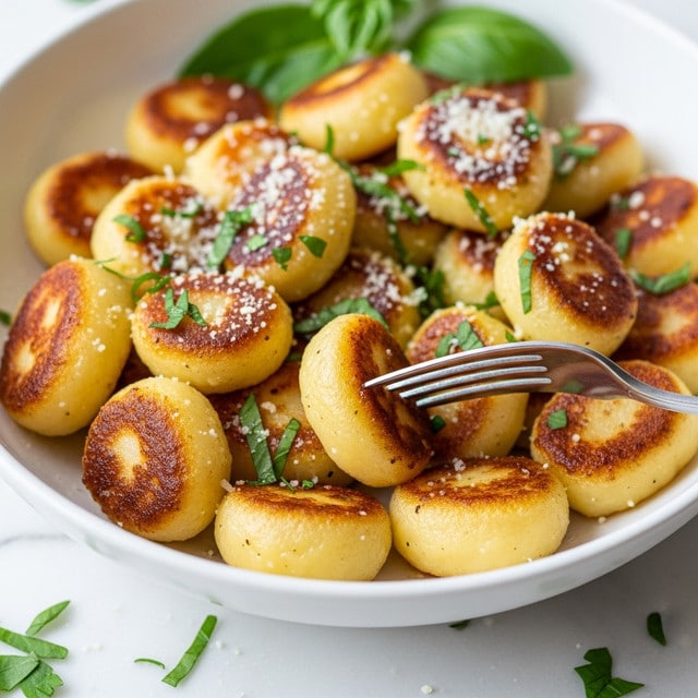 A white bowl filled with golden pan-fried gnocchi, each piece showing a slightly crispy browned texture on one side and soft, pale yellow dough on the other, sprinkled generously with finely chopped green herbs and grated white cheese. A silver fork is piercing one of the gnocchi near the center, and a few fresh green leaves rest in the background inside the bowl. The bowl sits on a white marbled surface with some scattered herbs around it. Photo taken with an iphone --ar 4:5 --v 7