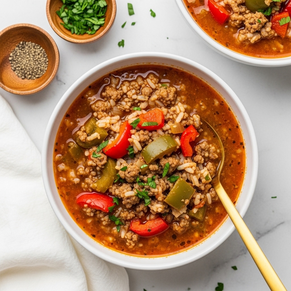 A close-up top view of a white bowl filled with thick, chunky stew consisting of brown ground meat, red and green bell pepper pieces, and cooked rice in a reddish-brown broth, garnished with small bits of green herbs. A golden spoon is partially immersed on the right side of the bowl. To the top left, there are two small wooden bowls, one with black pepper and the other with chopped green herbs. A white cloth napkin is seen on the bottom left, all set on a white marble textured surface. Another white bowl with the same stew is partially visible on the top right. Photo taken with an iphone --ar 4:5 --v 7
