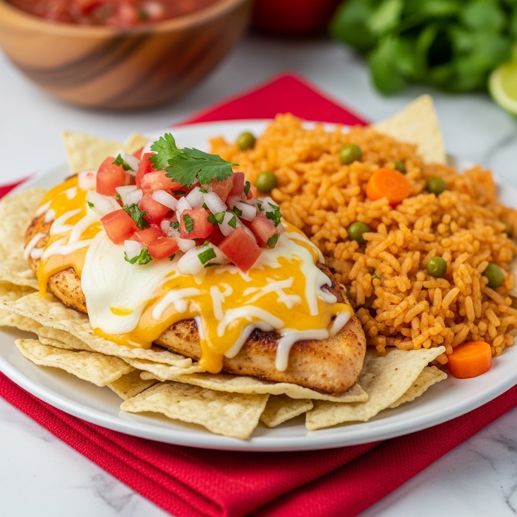 A plate with a base of broken light beige tortilla chips, topped with a golden-brown chicken breast covered in melted yellow and white cheese, garnished with a fresh pico de gallo mix of red tomato, white onion, and green cilantro on top. To the side, there is a generous serving of orange-brown Mexican rice with visible green peas and small orange carrots mixed in. The plate rests on a folded red cloth, with a blurred wooden bowl of salsa and fresh ingredients in the background on a white marbled surface. Photo taken with an iphone --ar 4:5 --v 7
