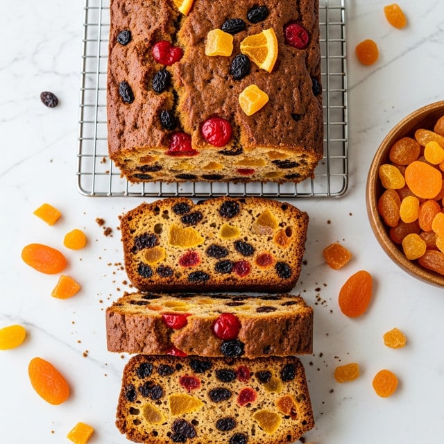The image shows four thick slices of fruitcake stacked and spread on a white marbled surface. The top two slices sit flat on a metal rack, forming a rectangular block with a brown crust that is textured and slightly uneven, showing bits of dark raisins and bright red cherries on the surface. Below the rack, two slices lie flat, revealing the inside layers filled with colorful pieces of dried fruits like orange, yellow, dark raisins, and red cherries embedded in a moist, dense, light brown cake. Around the cake are scattered chunks of orange and yellow dried fruit and a wooden bowl filled with bright orange dried fruit pieces on the side. photo taken with an iphone --ar 4:5 --v 7