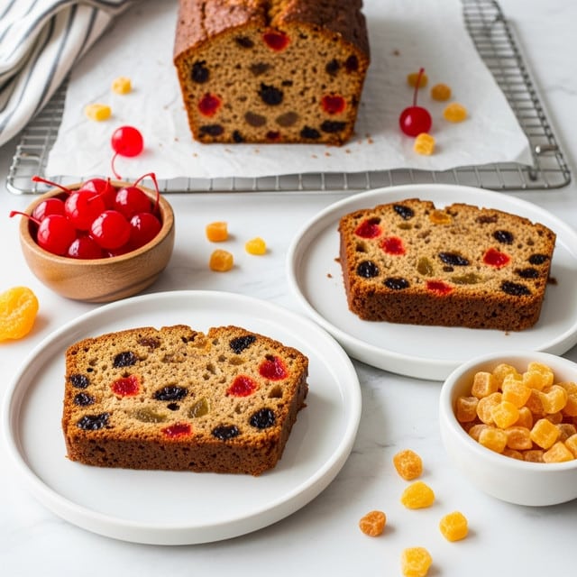 The image shows two slices of fruitcake on two white round plates, each slice thick with visible bits of colorful dried fruits like red and orange pieces, and darker raisin-like spots, all mixed into a brown textured cake base. Behind the slices is a larger cut loaf of the same fruitcake placed on white parchment paper over a metal cooling rack. Around the plates, small chunks of dried yellow and orange fruit are scattered on a white marbled surface. There are two small wooden and white bowls nearby, one filled with bright red glazed cherries and the other with dried yellow and orange fruits. A striped cloth napkin is partly visible at the top edge of the frame. photo taken with an iphone --ar 4:5 --v 7