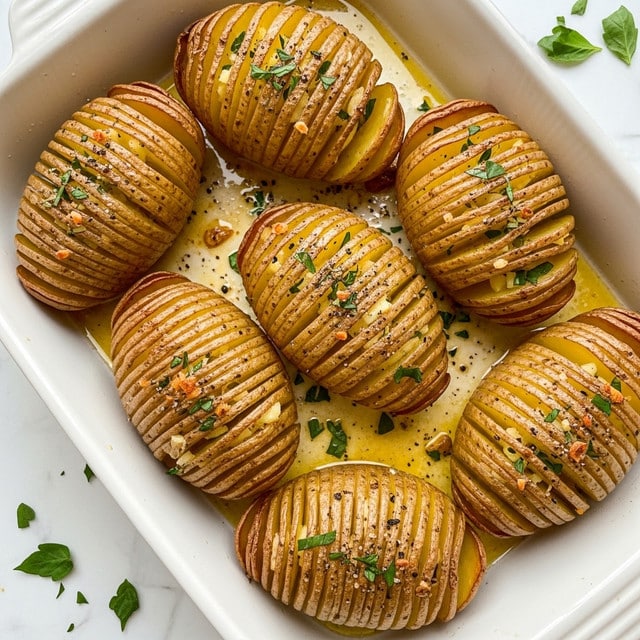 The image shows a white baking dish filled with several golden-brown Hasselback potatoes. Each potato is sliced thinly into many layers from top to bottom, with the thin layers fanning out slightly but still connected at the base. The potato slices have a crispy texture on the edges and are sprinkled with green herbs and black pepper. Small bits of garlic and seasoning are visible between the slices. The shiny, oily surface under the potatoes has a light golden color, showing the cooking juices. The dish is placed on a white marbled surface with some scattered green herb leaves nearby. photo taken with an iphone --ar 4:5 --v 7