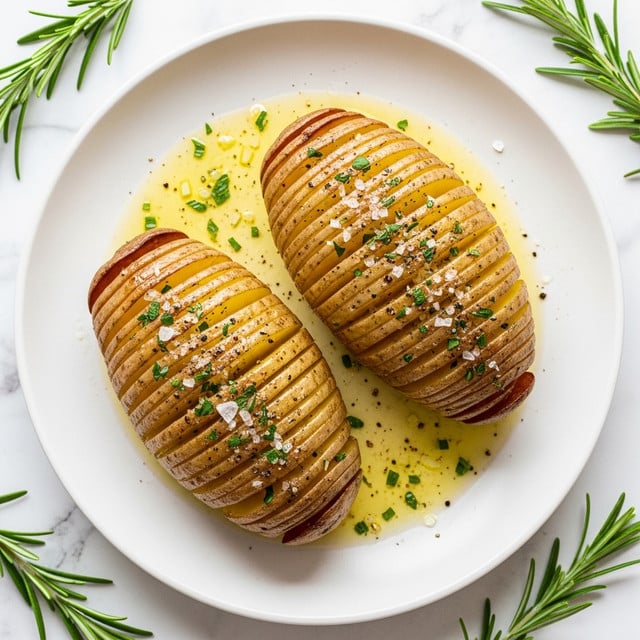 The image shows two baked hasselback potatoes arranged on a white plate with a white marbled texture underneath. Each potato is sliced thinly through the middle to create about 15 evenly spaced layers that fan out slightly, revealing yellow flesh with the brown skin around the edges. The potatoes are sprinkled with small green herb pieces, specks of black pepper, and coarse salt. The surface of the potatoes shows a light coating of oil giving a slight gloss, and they sit in a shallow pool of light yellow oil and herbs on the plate. Around the plate on the white marbled surface are a few sprigs of fresh green rosemary. The photo taken with an iphone --ar 4:5 --v 7