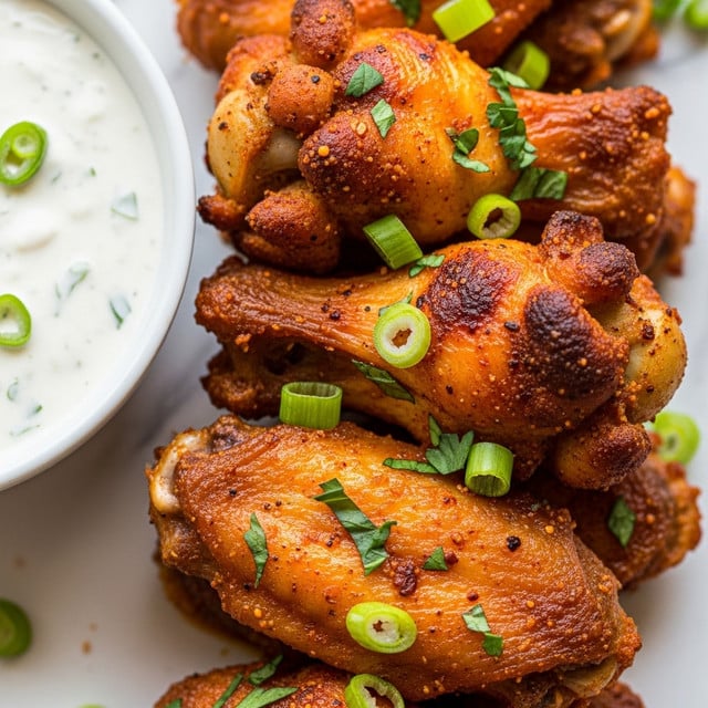 A close-up view of several crispy, well-seasoned buffalo chicken wings stacked closely together, showing a deep orange-red color with a slightly charred and crunchy texture. The wings are sprinkled with small pieces of fresh green herbs and sliced green onions, adding a touch of bright green contrast. On the left side, there is a partial view of a white bowl filled with creamy white ranch sauce, also garnished with a few green onion slices. The wings and bowl rest on a surface with a white marbled texture. Photo taken with an iphone --ar 4:5 --v 7