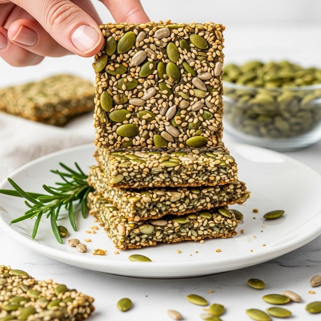 A close-up image shows a stack of four square seed crackers on a white plate placed on a white marbled surface. The top cracker is held by a woman's hand and features a mixture of visible seeds including green pumpkin seeds, white sesame seeds, and sunflower seeds packed tightly together, creating a textured and multi-colored pattern of green, white, and light brown. Small pieces and crumbs are scattered around the plate, with a sprig of rosemary on the side and a glass bowl filled with green pumpkin seeds blurred in the background. photo taken with an iphone --ar 4:5 --v 7