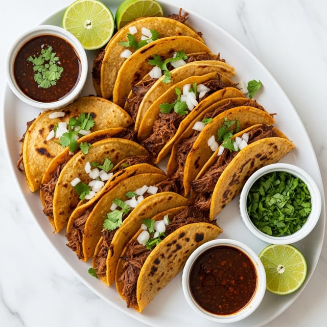 The image shows eight golden-brown folded tacos arranged closely on a white oval plate. Each taco has a slightly crispy, textured tortilla with spots of darker toasting and is filled with rich, dark shredded meat peeking out at the edges. The tacos are garnished with small white onion pieces and green chopped cilantro sprinkled on top. Two halves of fresh lime with a vibrant green color sit on the plate corner, adding a fresh touch. Two small white bowls are placed on the plate, one filled with dark red-brown dipping sauce topped with herbs, and the other with finely chopped green cilantro. The plate rests on a white marbled surface. Photo taken with an iphone --ar 4:5 --v 7