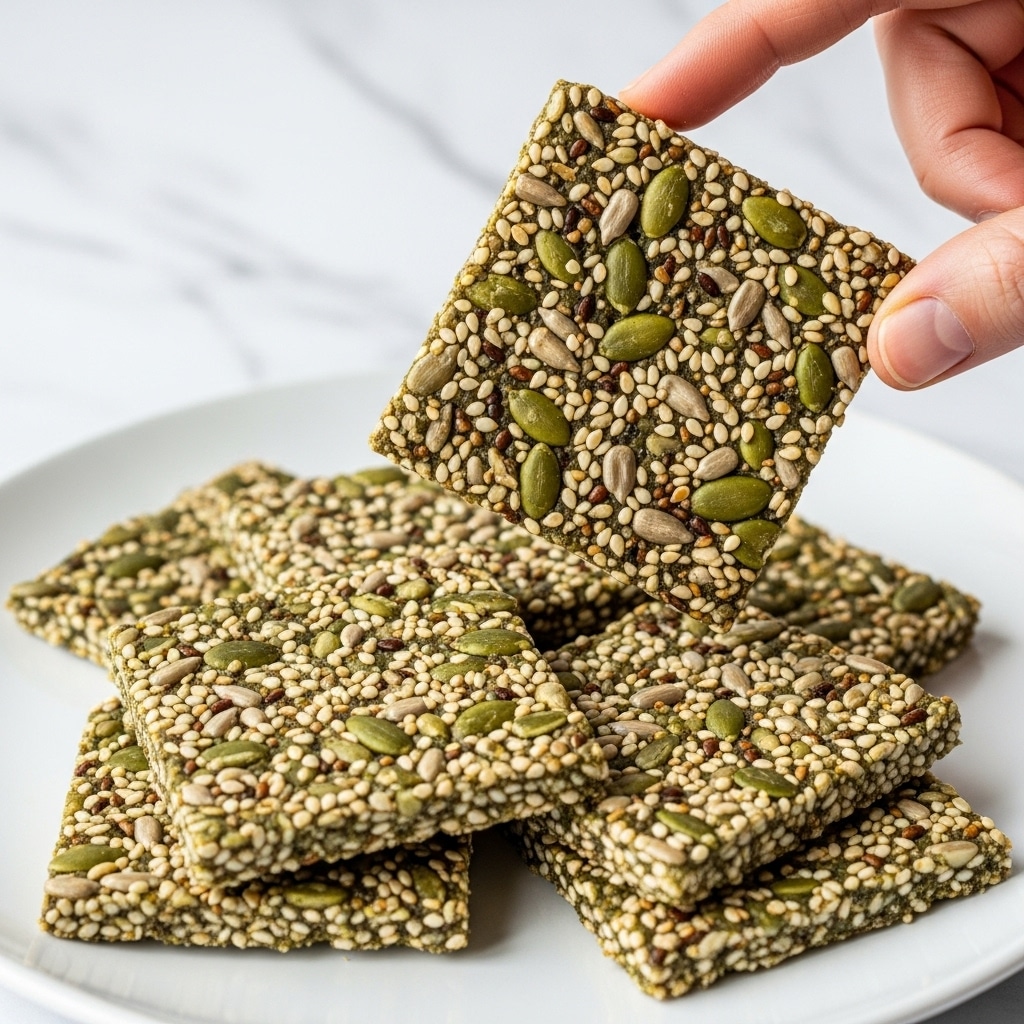A close-up view of several square seed crackers stacked unevenly on a white plate; each cracker is made from a mix of green pumpkin seeds, white sesame seeds, sunflower seeds, and tiny brown specks, creating a rough texture with a mix of green, white, light brown, and dark brown colors. A woman's hand is holding one cracker gently from the corner above the plate, showing the detailed textures and colors of the seeds scattered throughout the cracker's surface. The background is a white marbled texture. photo taken with an iphone --ar 4:5 --v 7