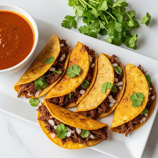 Four tacos with crispy, golden-brown folded tortillas filled with dark brown shredded meat mixed with small, translucent white onion pieces, all sprinkled with fresh bright green cilantro leaves. The tacos are arranged on a white rectangular plate with a sprig of green cilantro to the upper right. To the left of the plate is a white bowl filled with a rich, red-brown sauce. The scene is set on a white marbled surface. photo taken with an iphone --ar 4:5 --v 7