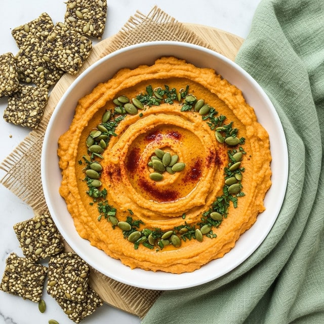 A white bowl holds a smooth, creamy orange hummus spread in two thick swirling layers; the top layer is adorned with a drizzle of olive oil, sprinkled with green pumpkin seeds, finely chopped herbs, and a light dusting of red paprika, all centered in a spiral pattern. The bowl sits on a light wooden board with a burlap cloth underneath, surrounded by square seed crackers scattered around, showcasing their textured mix of seeds in dark and green tones. A soft green cloth is casually placed beside the bowl, set on a white marbled surface. photo taken with an iphone --ar 4:5 --v 7