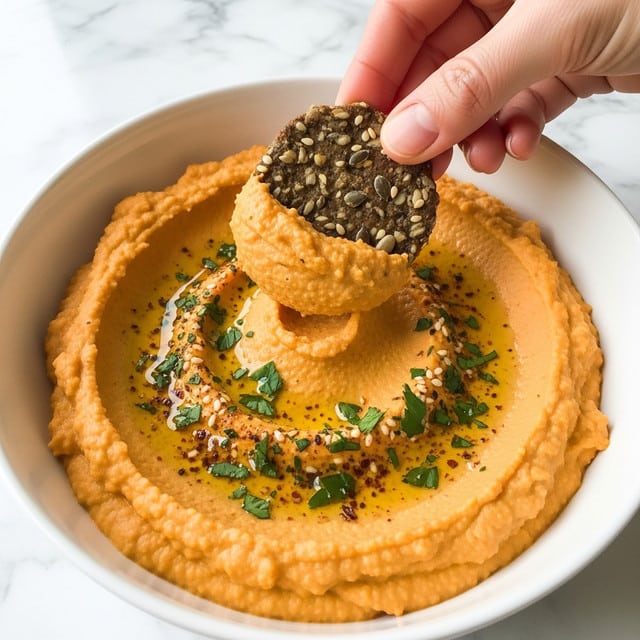 The image shows a close-up of a white bowl filled with smooth orange hummus spread in the bottom layer, topped with a drizzle of olive oil and sprinkled with chopped green herbs and spices. A woman's hand is holding a dark multigrain cracker with visible seeds like pumpkin, sesame, and sunflower seeds, dipping it into the hummus. The background shows a white marbled texture surface. Photo taken with an iphone --ar 4:5 --v 7