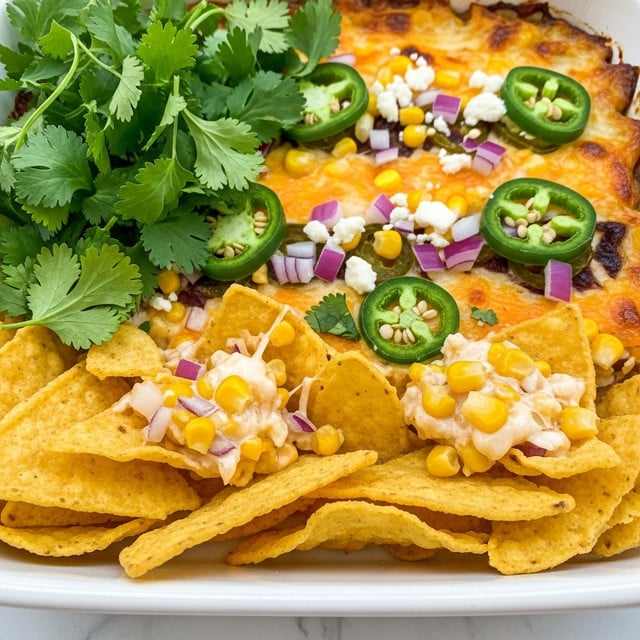 A close-up view of a white shallow dish filled with a baked cheesy dip showing multiple layers; the base layer is creamy and slightly browned melted cheese with corn kernels scattered on top, followed by small bits of purple onion, thin green jalapeño slices, and crumbled white cheese. One side of the dish has a large bunch of fresh green cilantro leaves piled heavily. The front section shows yellow, curved corn chips partially dipped in the cheesy mixture, with some chips holding creamy cheese and corn, resting closely on the white dish. The white marbled surface is visible underneath the dish. Photo taken with an iphone --ar 4:5 --v 7
