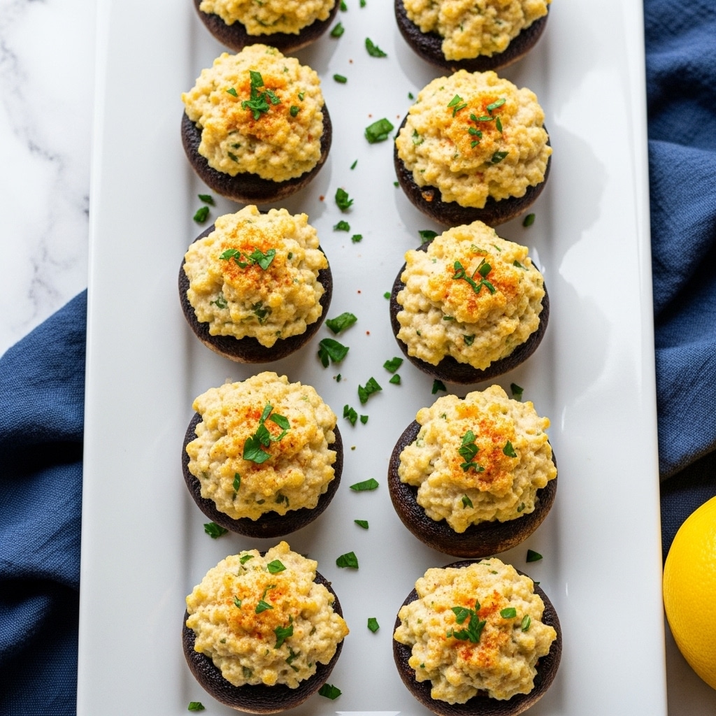The image shows a white rectangular plate with eight stuffed mushrooms. Each mushroom has a dark brown base topped with a creamy, light golden filling that is slightly rough in texture with visible bits of green herbs and small orange-red seasoning sprinkled on top. The filling looks soft and baked with a golden crust in some parts. The mushrooms are arranged in two vertical rows of four, and small pieces of chopped green herbs are scattered around them on the plate. The plate is placed on a white marbled surface with a navy blue cloth to the side and a yellow lemon partially visible at the bottom right corner. photo taken with an iphone --ar 4:5 --v 7