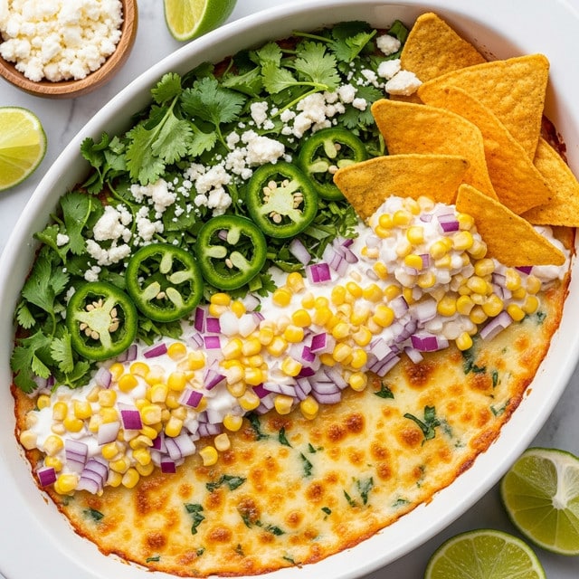 A white oval dish filled with three main layers: the bottom layer is melted, slightly browned cheese with small bits of green herbs mixed in; the middle layer includes a creamy white sauce scattered with whole yellow corn kernels and finely chopped red onions; the top layer features a mix of fresh green cilantro leaves mainly on one side, thin slices of green jalapeño peppers spread around, and crumbled white cheese evenly sprinkled. On top of the layers, several orange corn chips scoop up some creamy white sauce mixed with corn, placed near the center and right edge of the dish. The dish sits on a white marbled surface with a small wooden bowl of crumbled white cheese and some fresh lime wedges visible around it. Photo taken with an iphone --ar 4:5 --v 7
